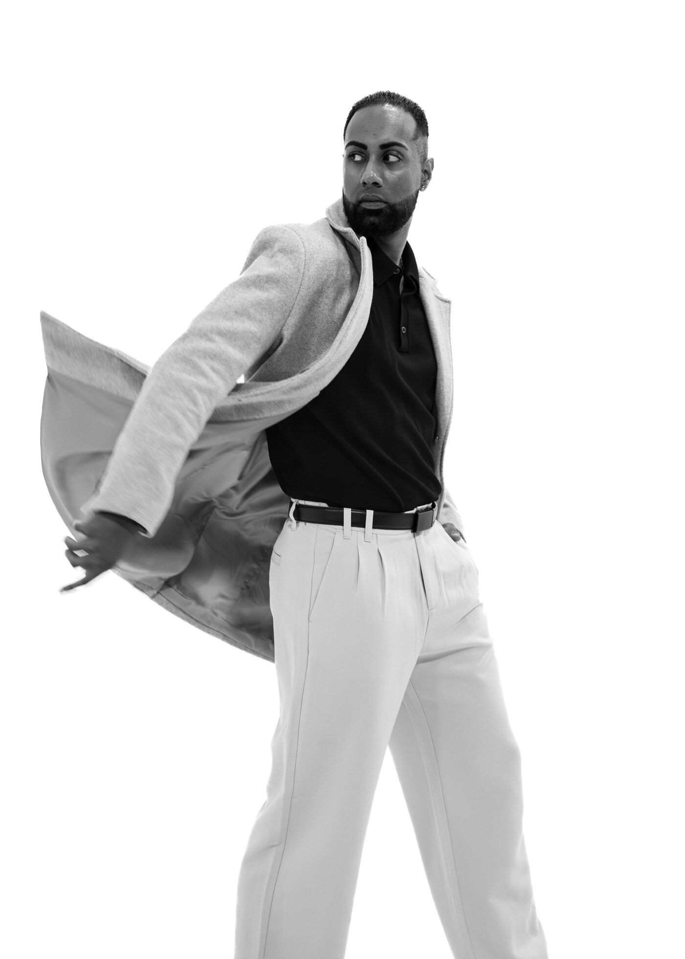 Sherwin Saran in a black and white editorial fashion shoot